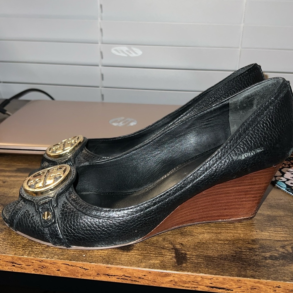 Tory Burch Black Leather Sally 2 Wedge pump